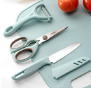 Kit Cozinha Color 4 em 1 — Faca, Tesoura, Descascador e Tábua