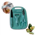 Kit Cozinha Color 4 em 1 — Faca, Tesoura, Descascador e Tábua